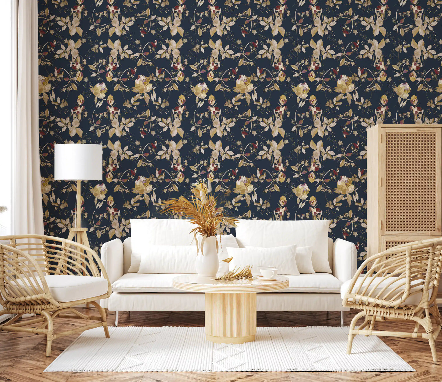 Hallway featuring Forest Green Wallpaper with flowing botanical trails