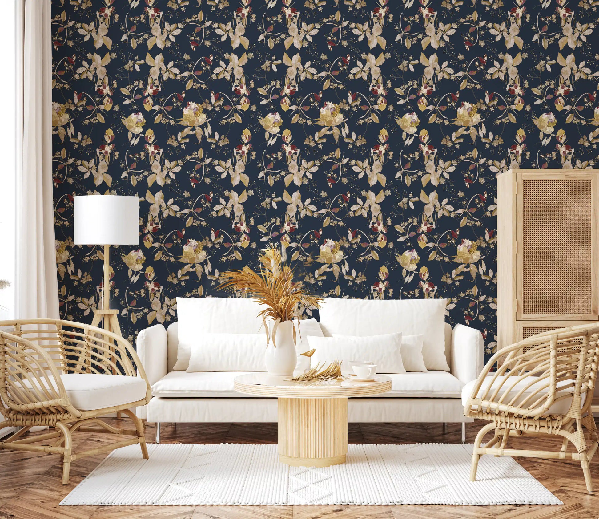 Hallway featuring Forest Green Wallpaper with flowing botanical trails