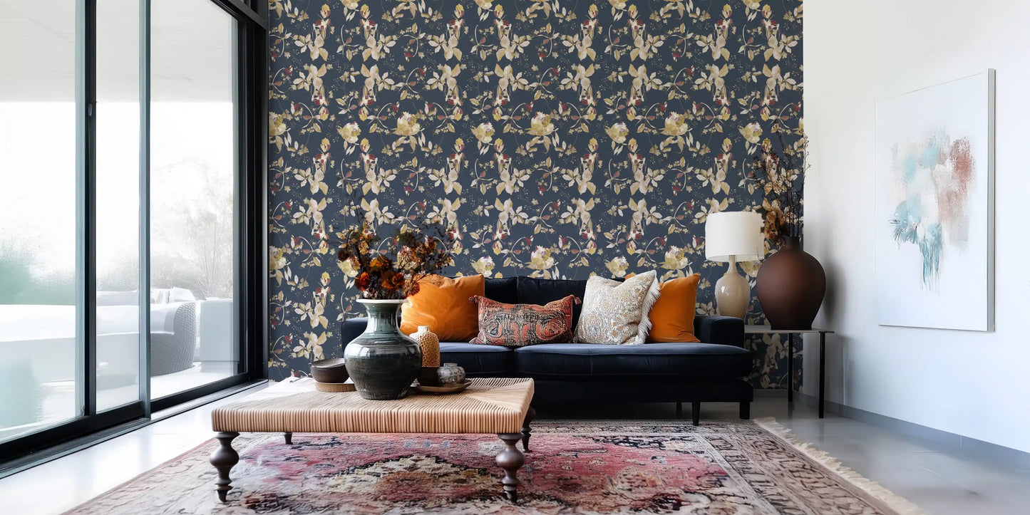 Hallway finished with Forest Green Floral Wallpaper and light blooms