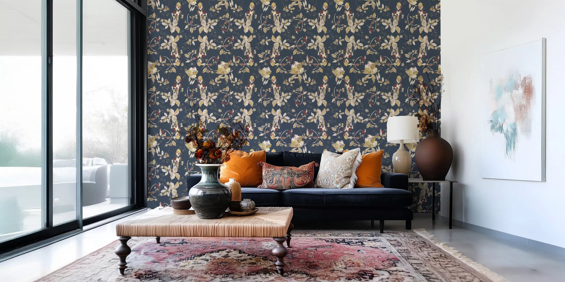 Hallway finished with Forest Green Floral Wallpaper and light blooms
