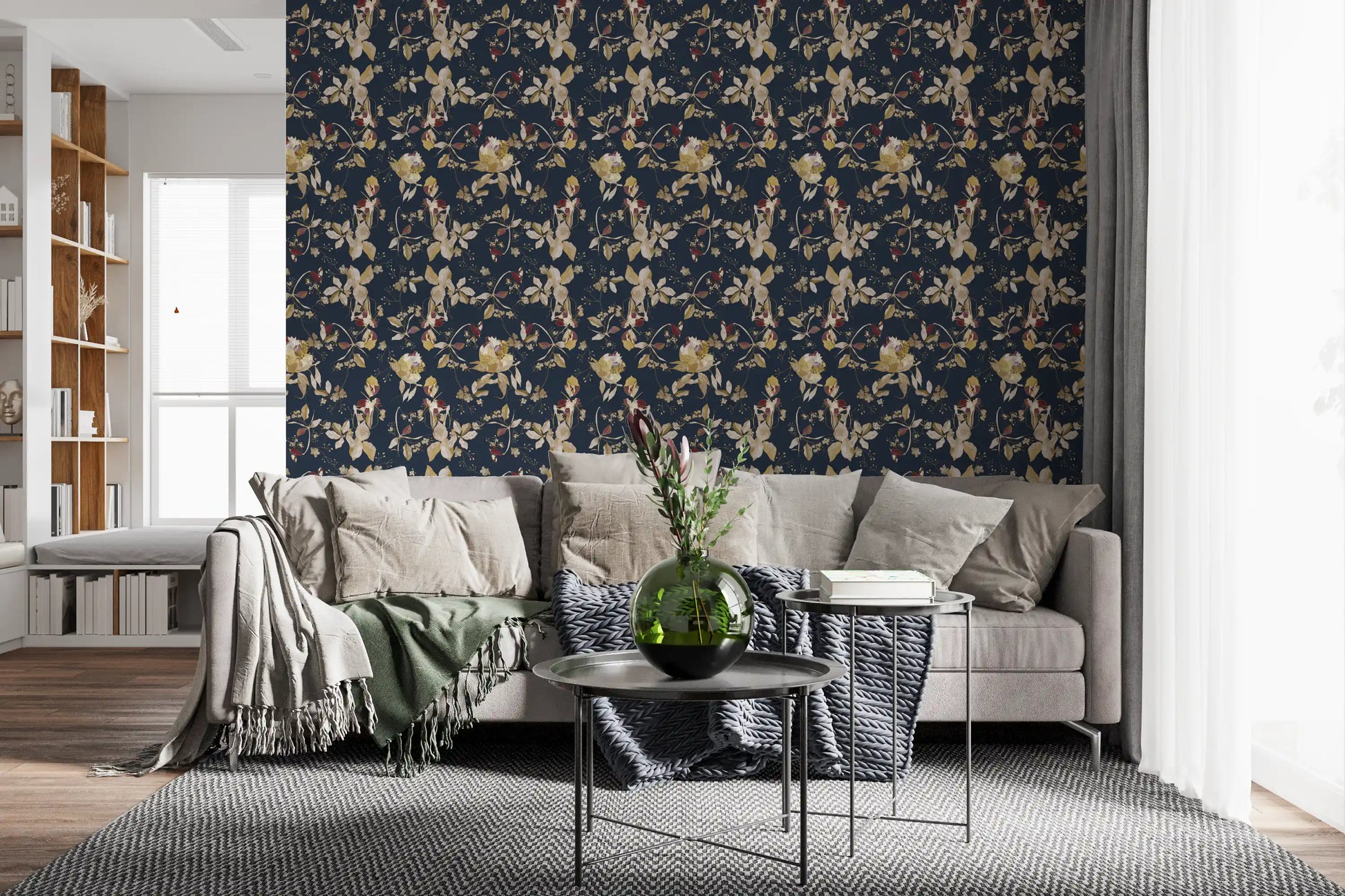 Deep green tones ground this trail wallpaper with scattered floral detail