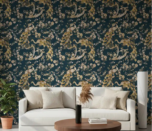 Living room with Dark Navy Bird Wallpaper and delicate cream floral detail