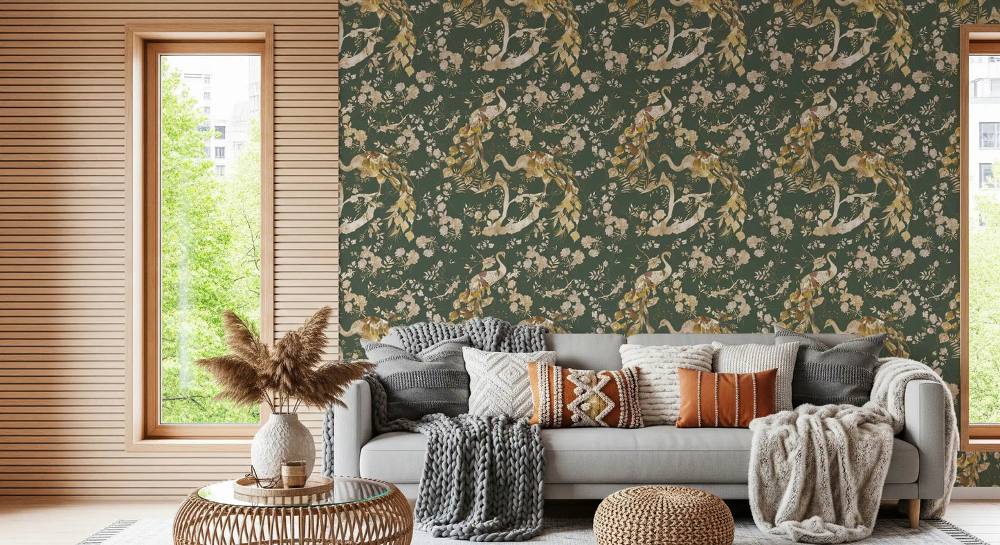 Hallway featuring Olive Green Vintage Wallpaper with peacock motifs