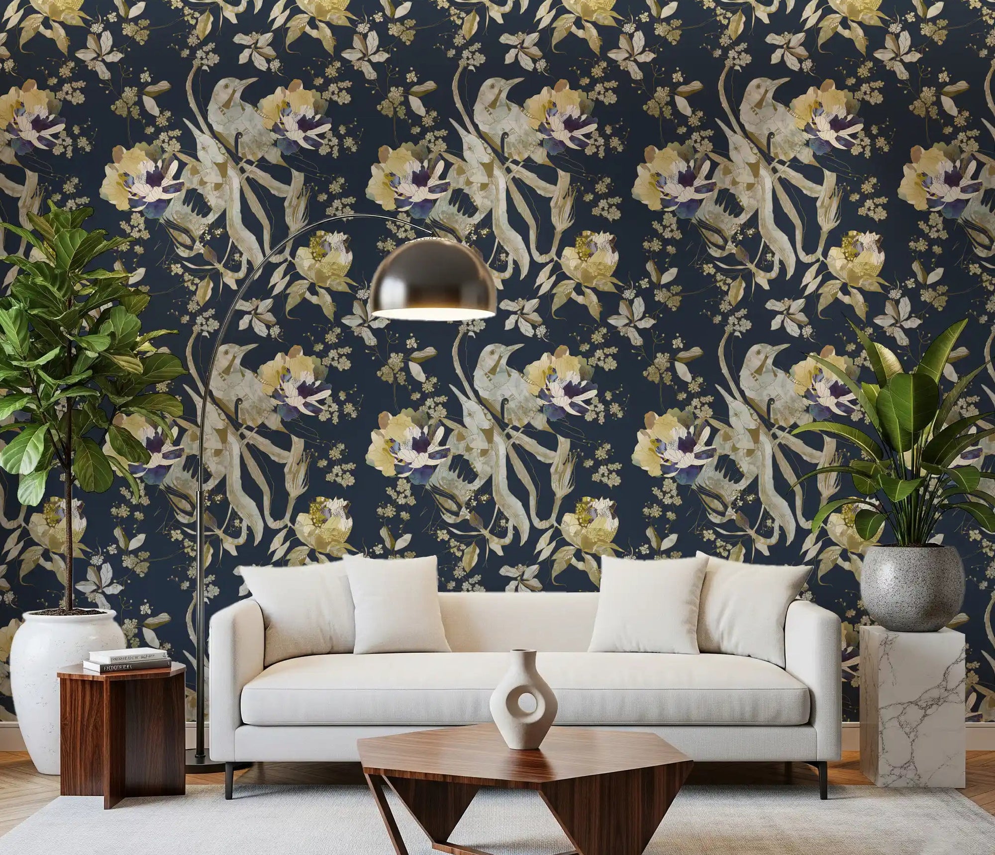 Home office with Antique Cream Bird Wallpaper and soft blossom detailing