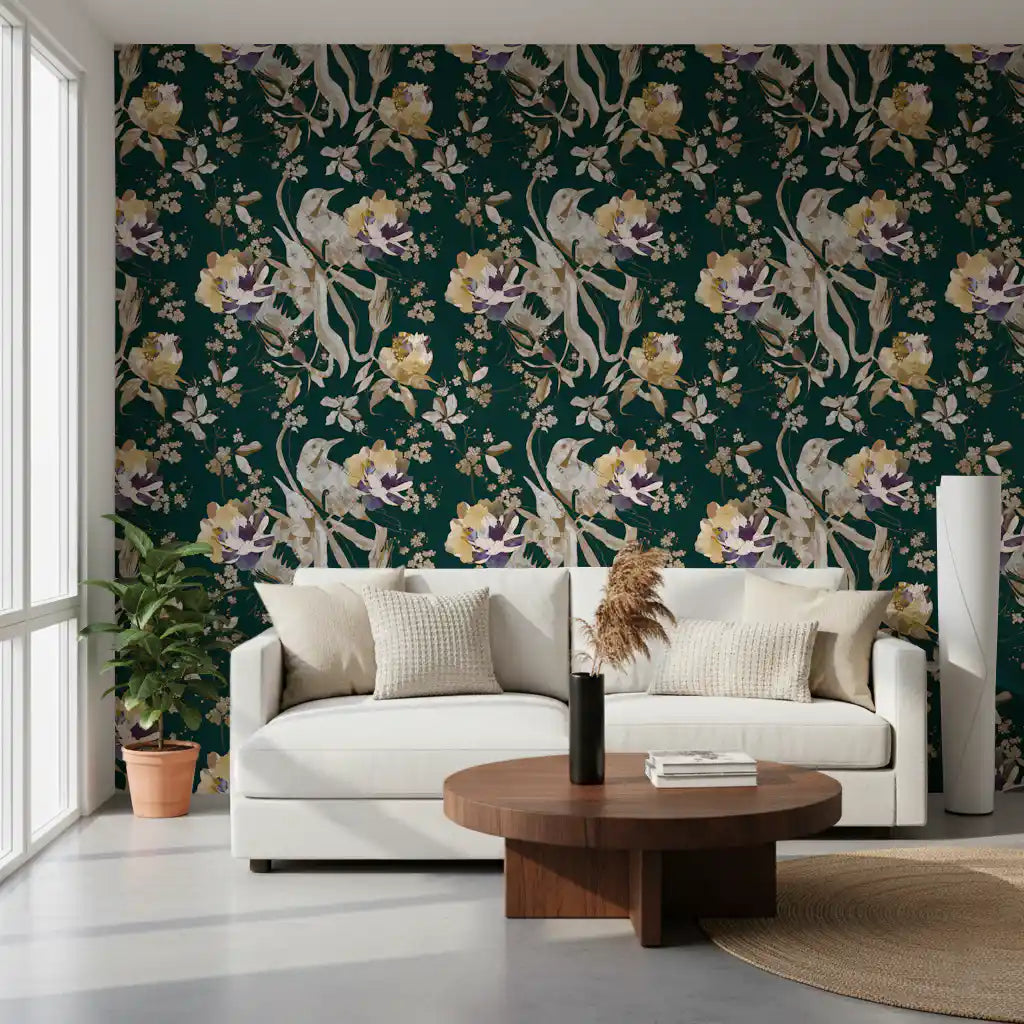 Home office finished with Navy Floral Wallpaper and elegant bird motifs