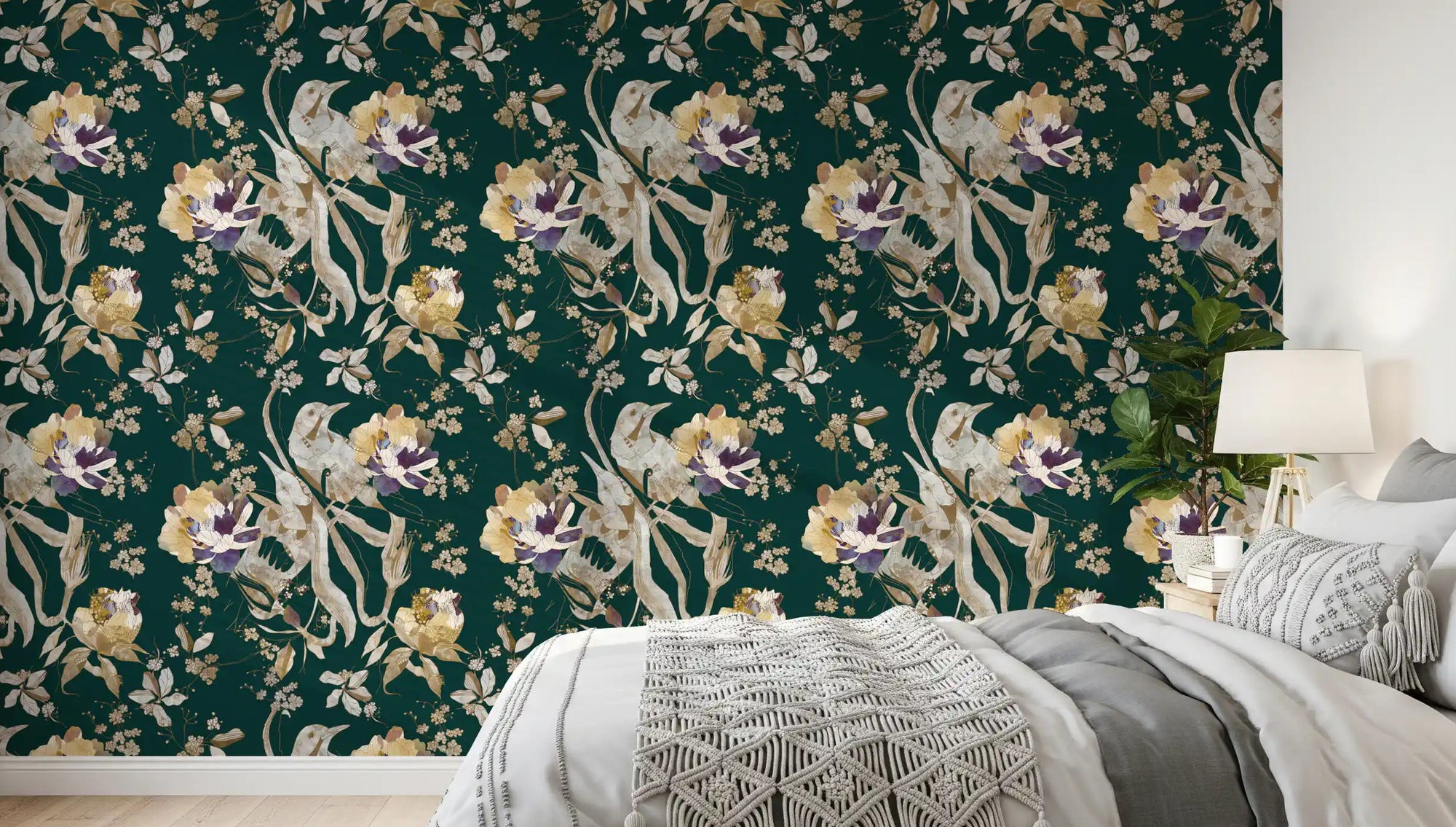 Bedroom featuring Navy Bird Wallpaper with layered blossom artwork