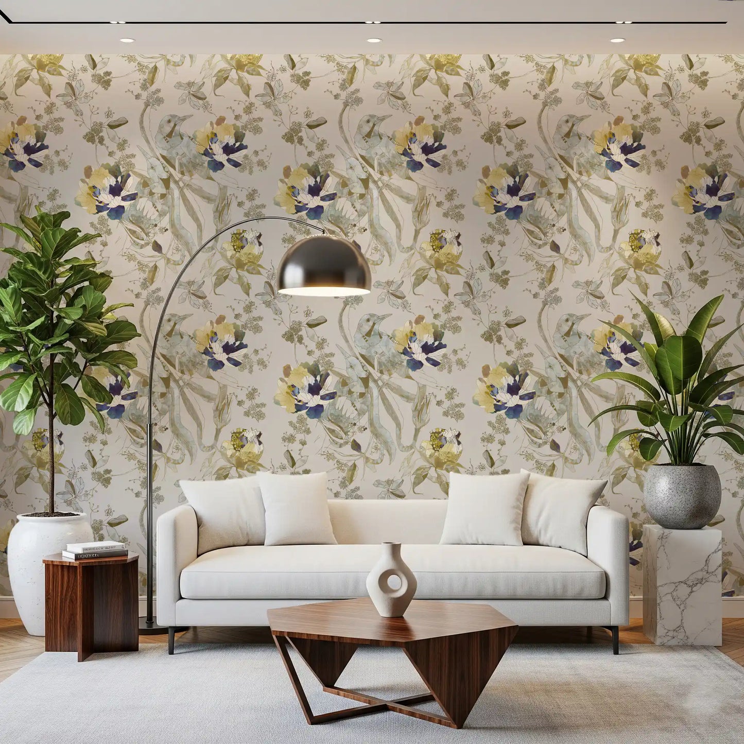 Smaragdgrønn fugl- og blomster-tapet