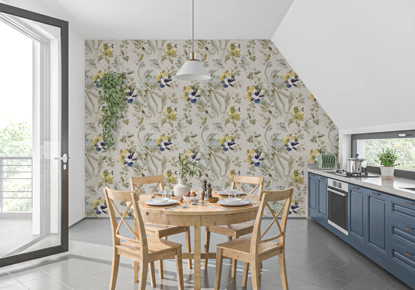 Smaragdgrønn fugl- og blomster-tapet