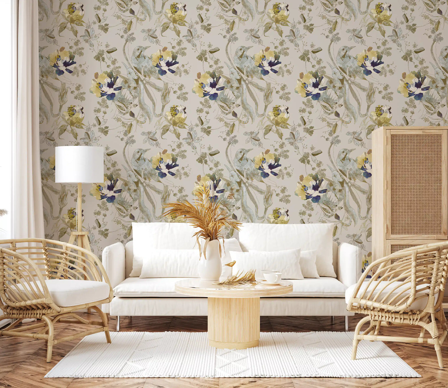 Smaragdgrønn fugl- og blomster-tapet