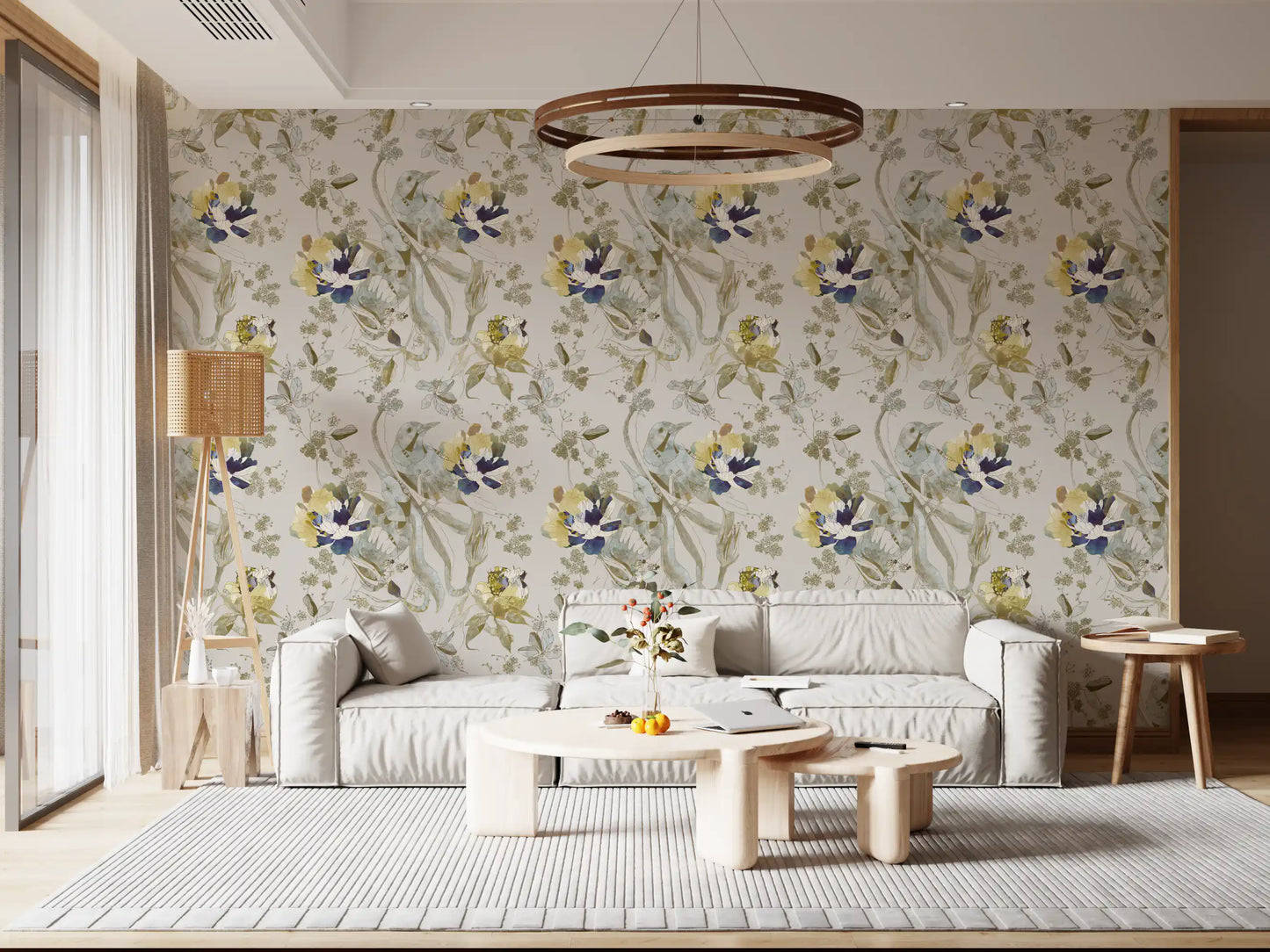 Smaragdgrønn fugl- og blomster-tapet