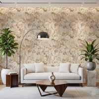 Botanical line work wraps the lounge with Peony floral wallpaper.