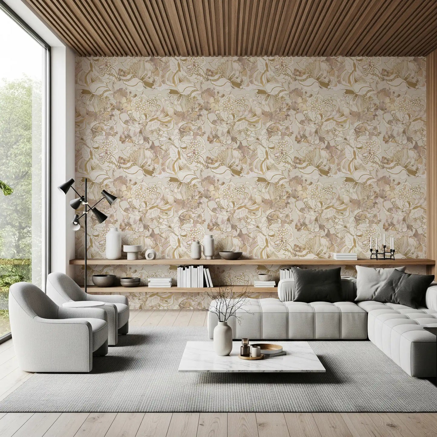 Gold-trimmed peonies anchor the living room behind Blush Peony wallpaper.