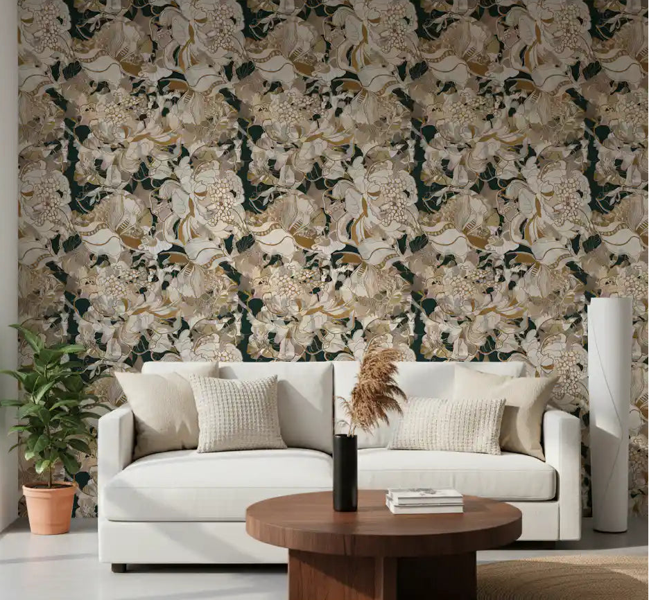 Office area with Dark Botanical Peony Wallpaper in green and gold tones