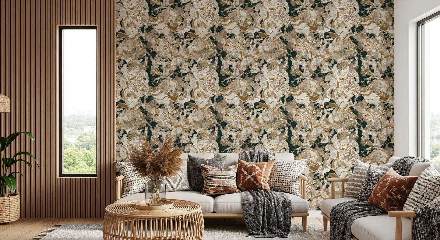 Living room using Dark Botanical Wallpaper with abstract peony detail