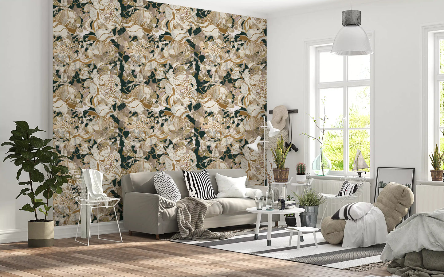 Dark Botanical Peony Wallpaper with cream blooms and gold outlines