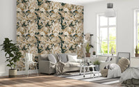 Dark Botanical Peony Wallpaper with cream blooms and gold outlines