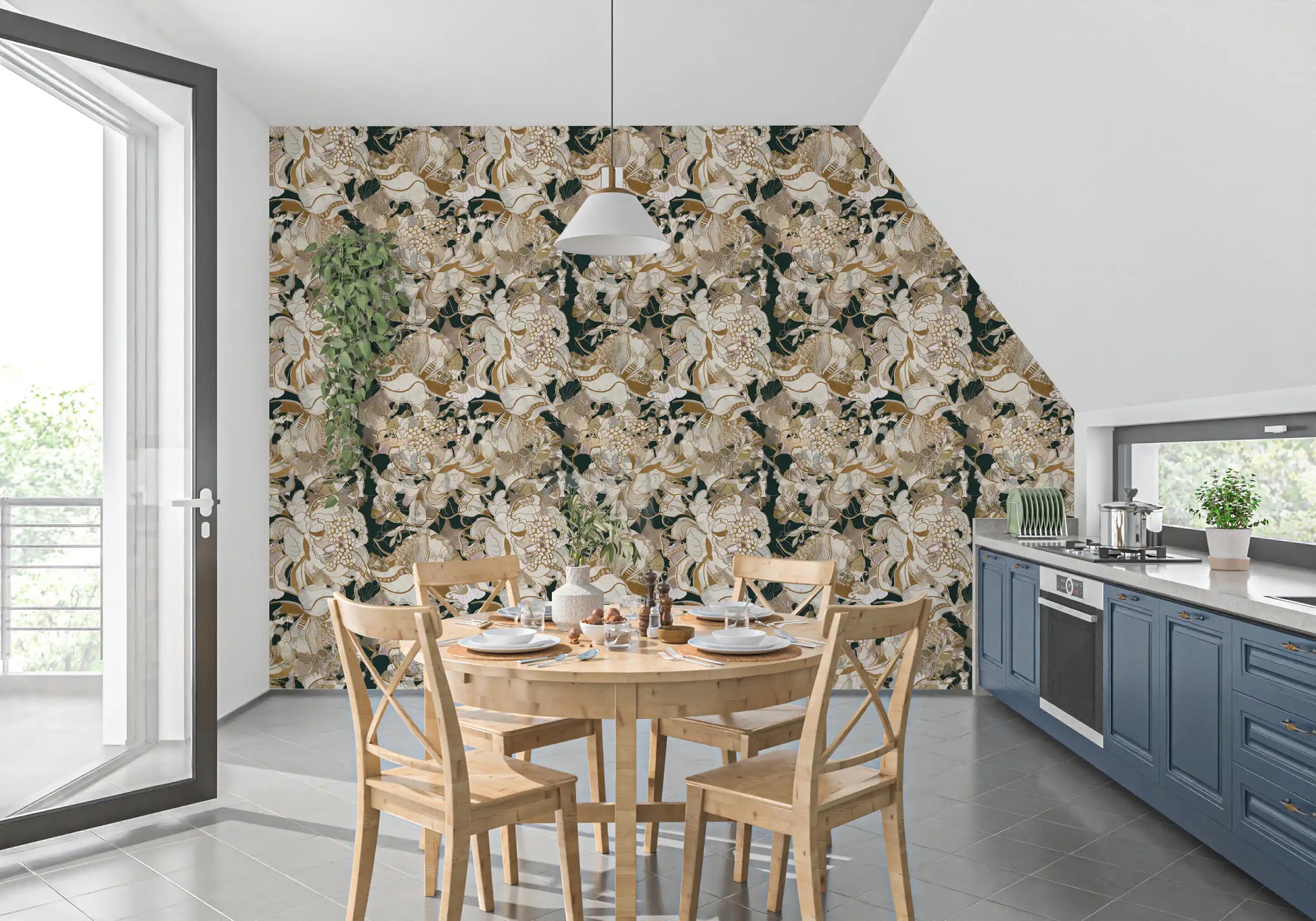 Dining room finished with gold floral wallpaper on deep green base