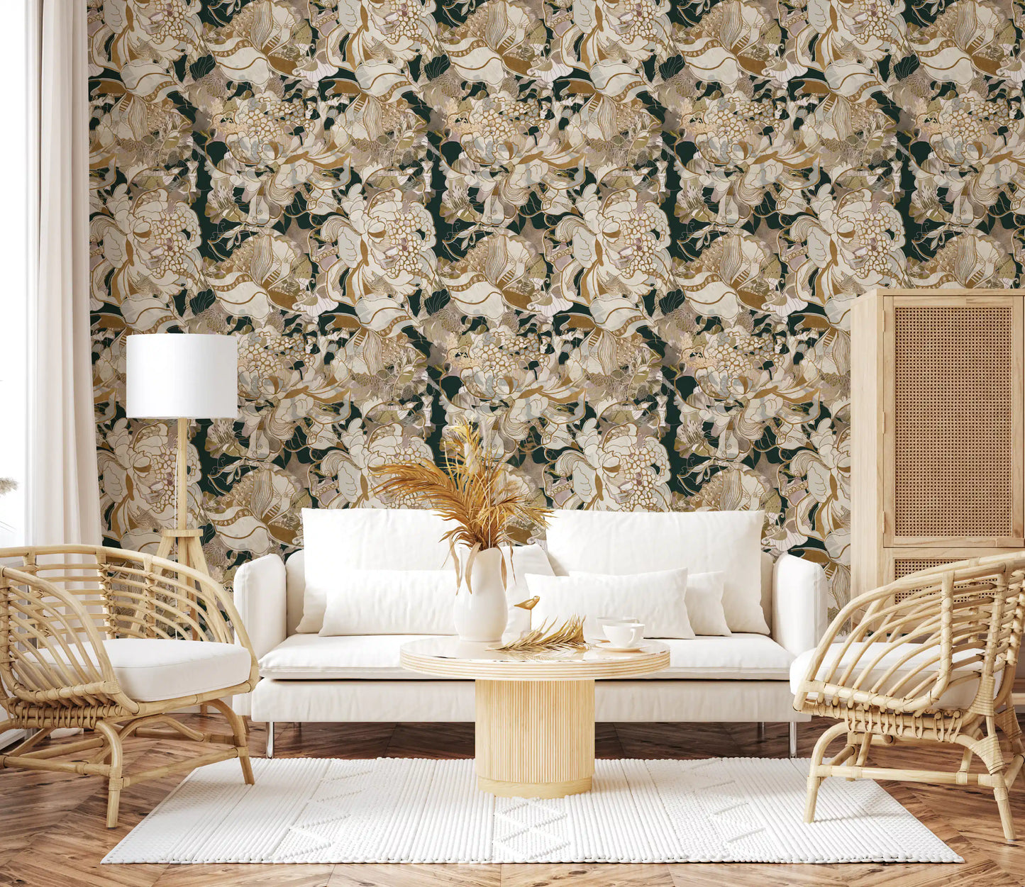 Deep green botanical wallpaper carrying bold peony floral layers