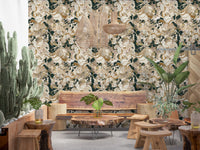 Cafe area featuring peony floral wallpaper with elegant dark styling