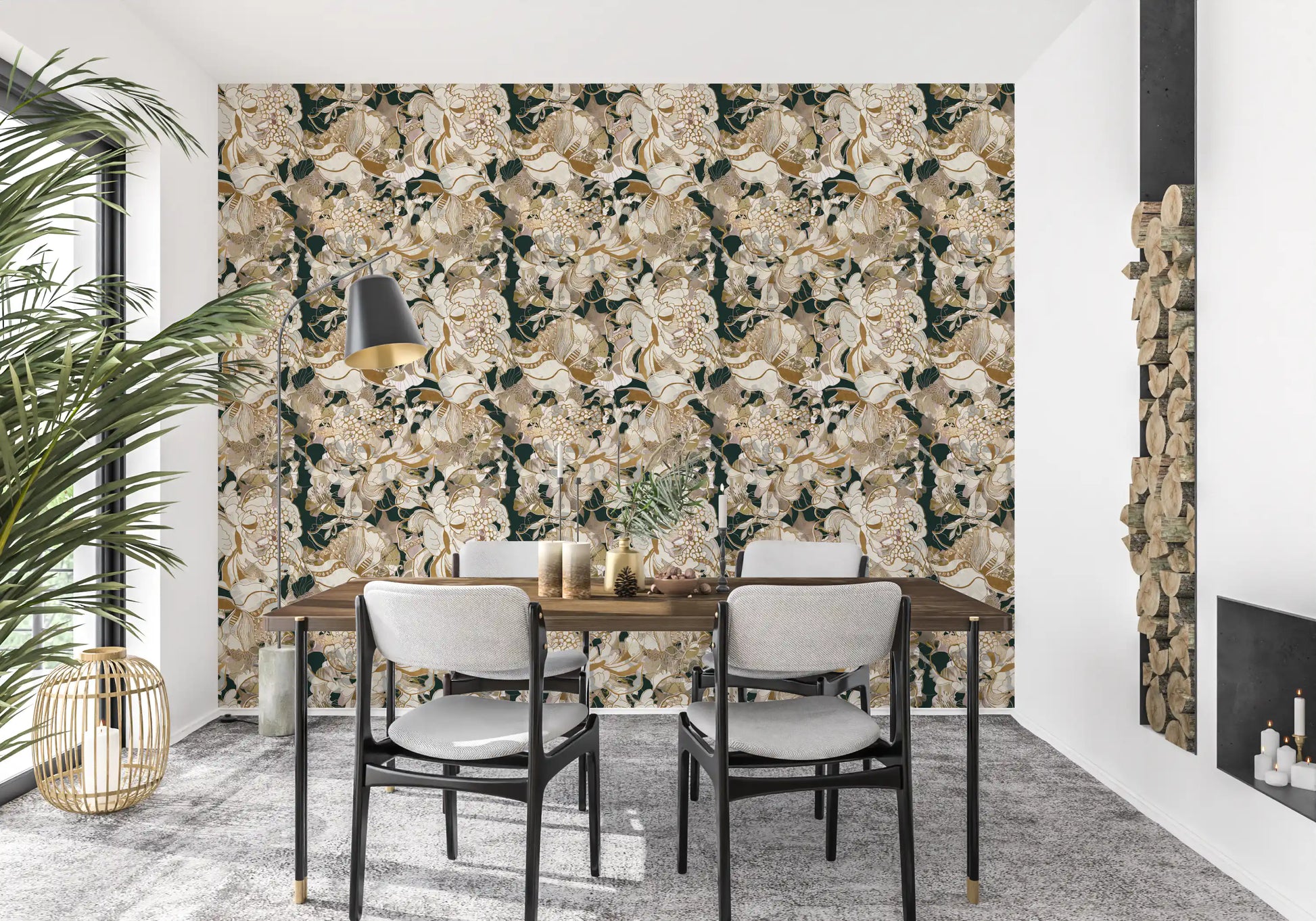 Dining room styled with dark peony wallpaper and cream floral artwork