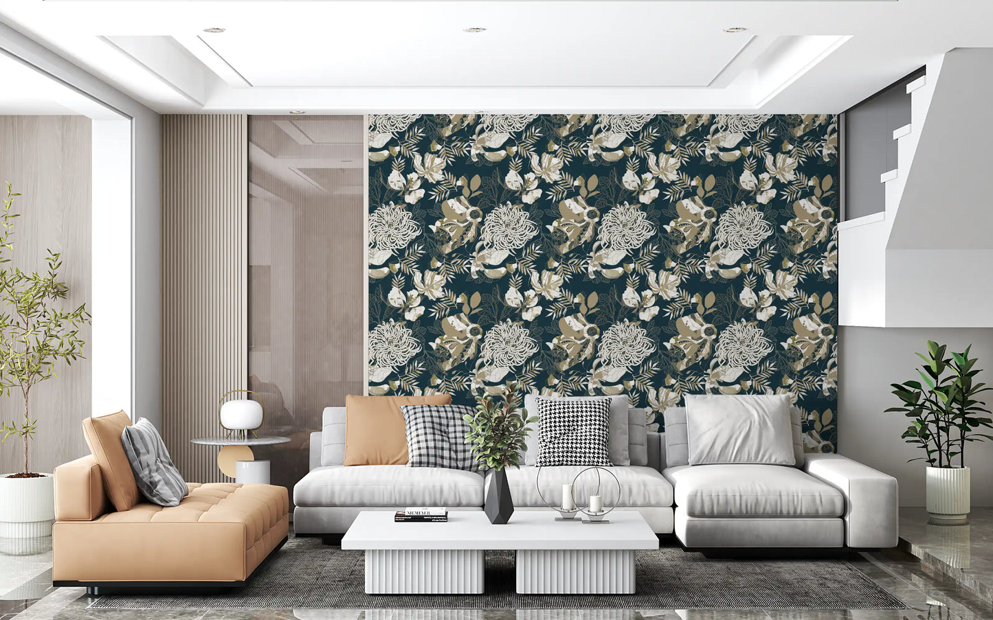 Living room finished with Art Deco floral wallpaper and leafy linework
