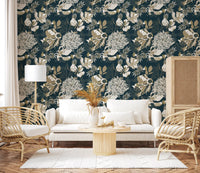 Office wall featuring floral teal wallpaper with elegant patterned detail