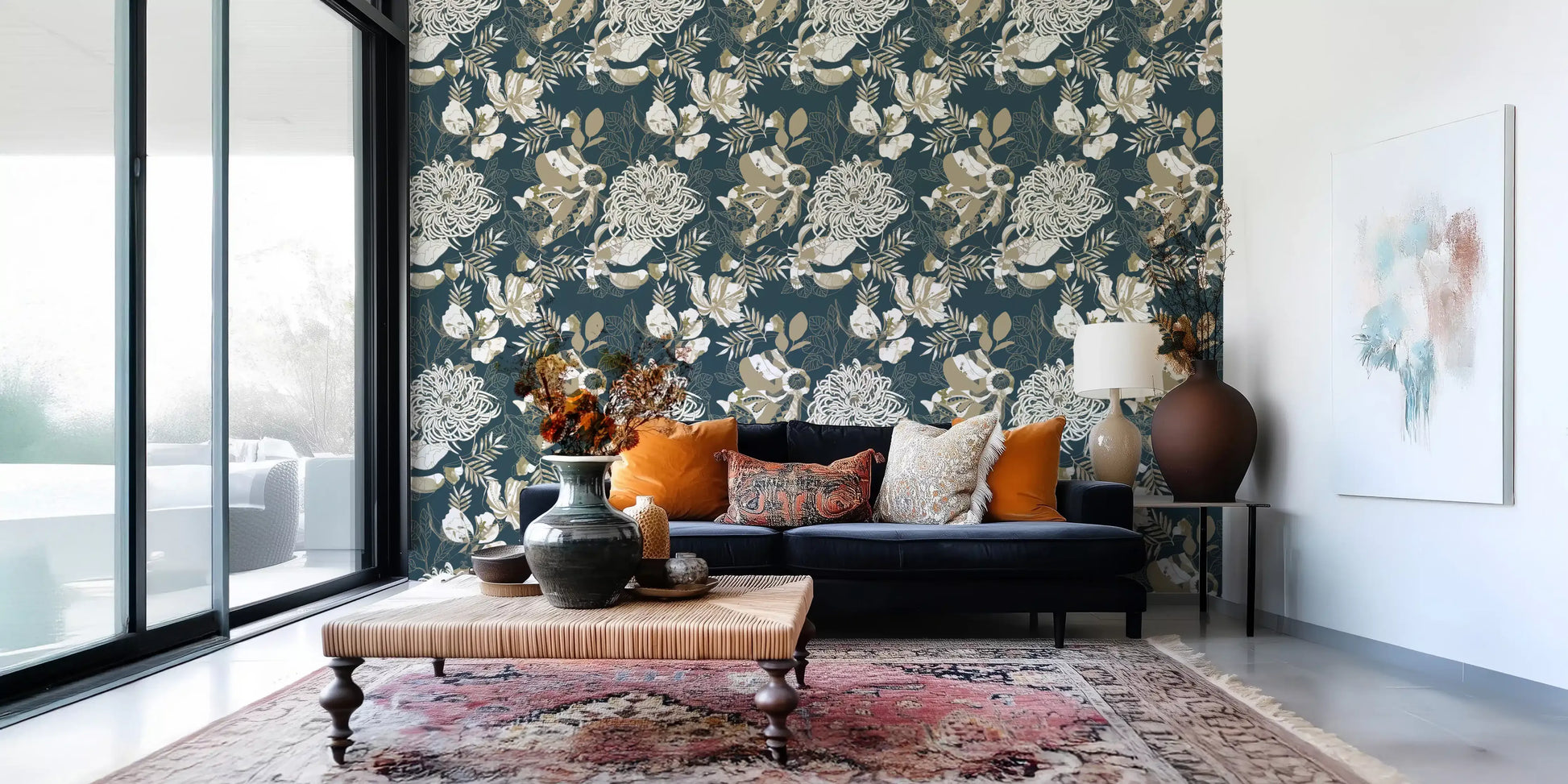 Art Deco Teal Floral Wallpaper with layered cream flowers and leaves