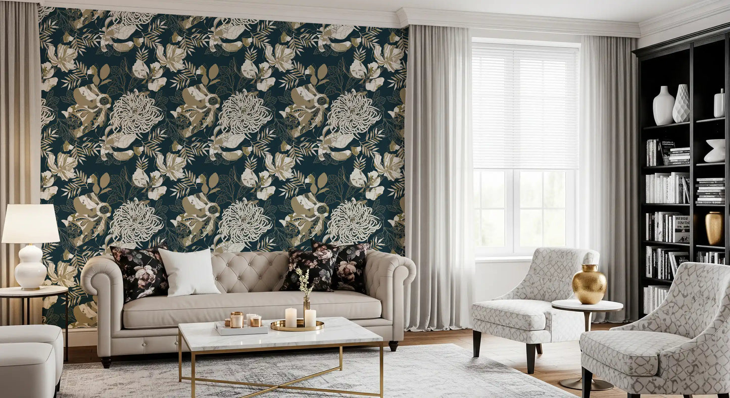 Living room designed with Art Deco Teal Wallpaper and cream foliage