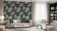 Living room designed with Art Deco Teal Wallpaper and cream foliage