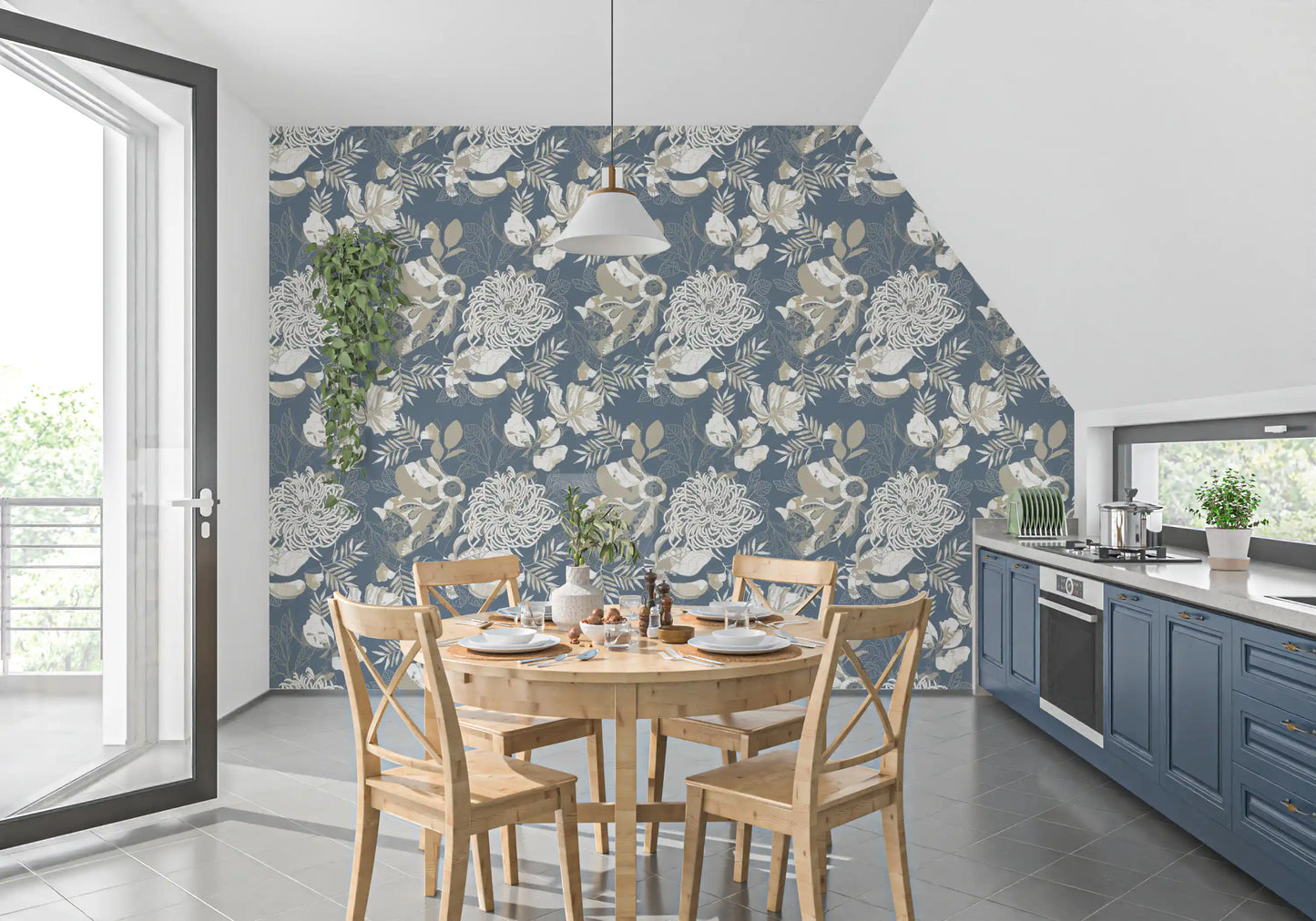 Støvet blå blomster tapet⁠