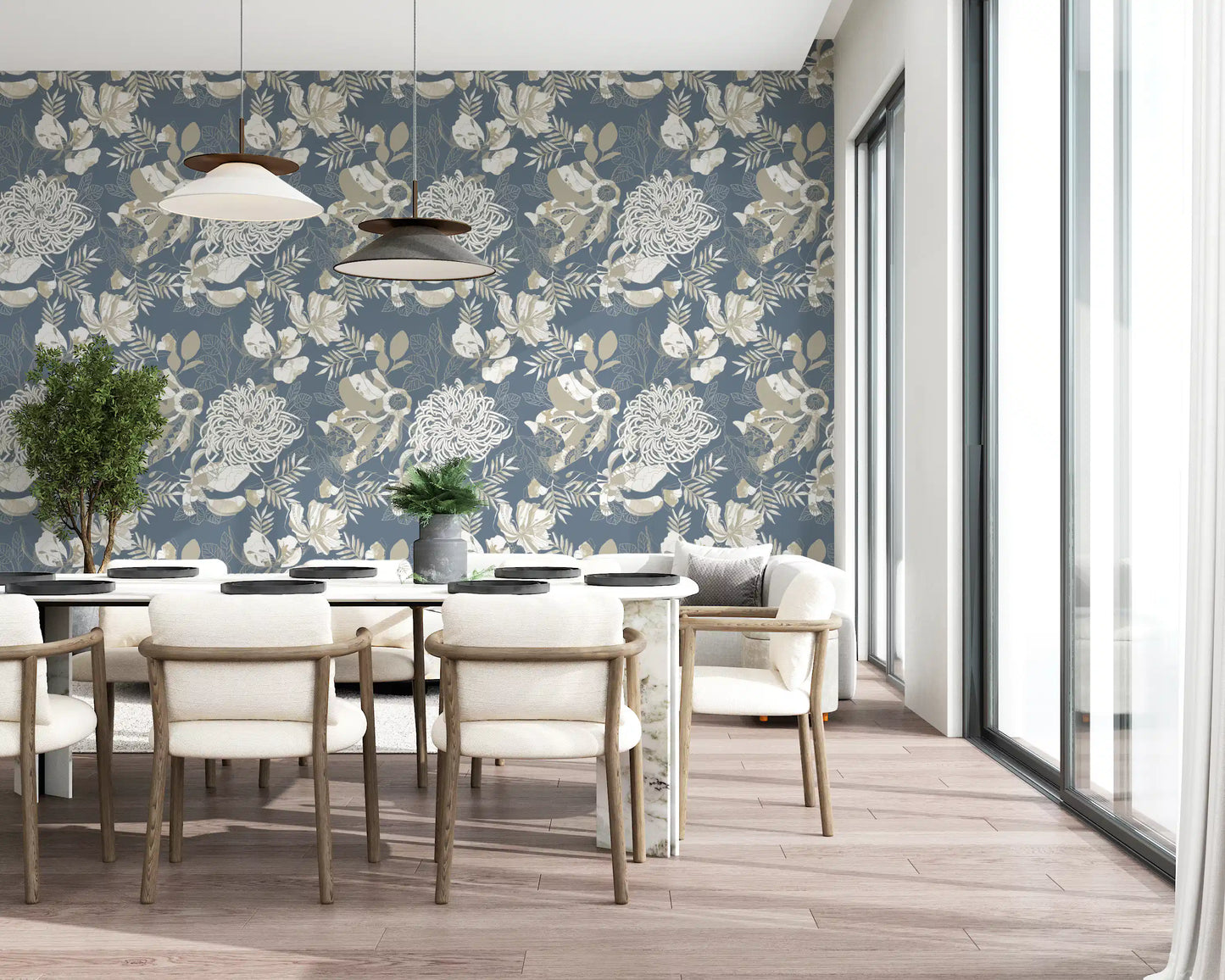 Støvet blå blomster tapet⁠