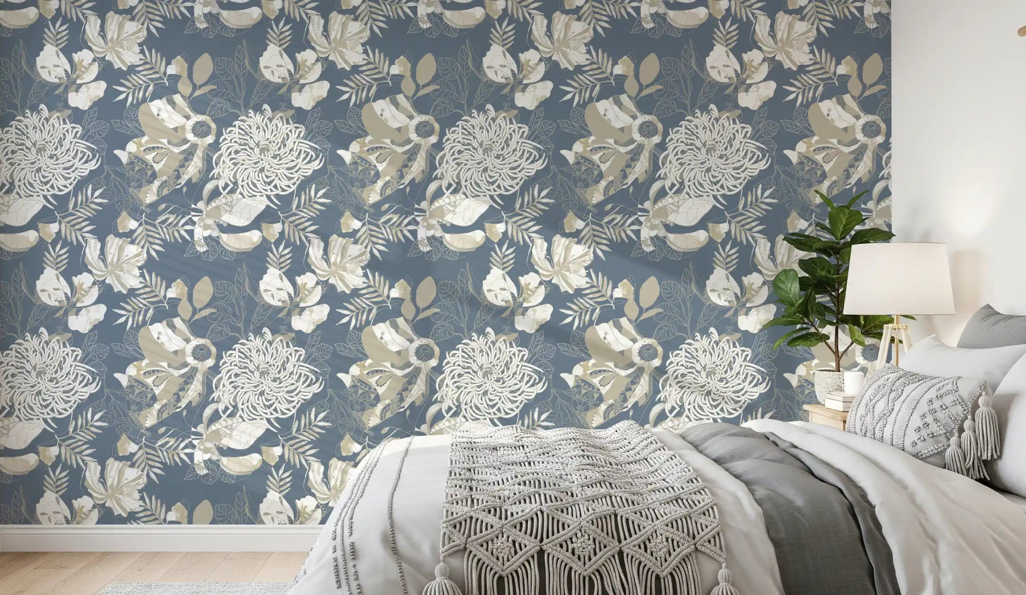 Cool tones bring the bedroom together with Dusty Blue Floral wallpaper.