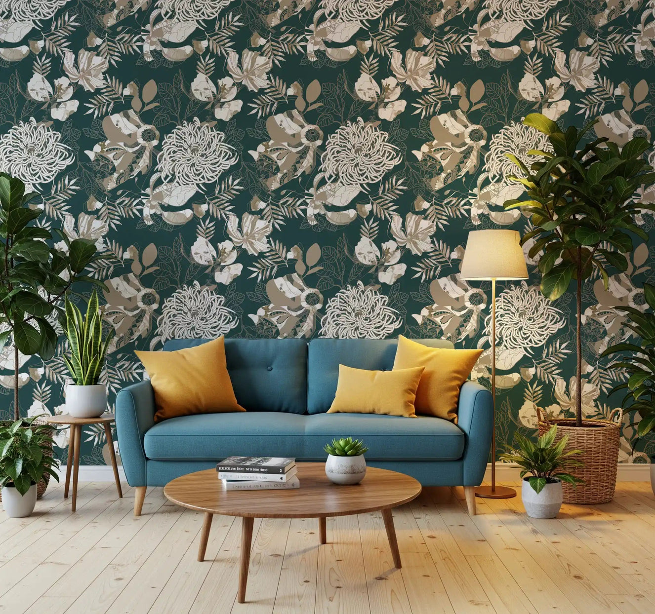 Living room space area with forest green floral wallpaper 