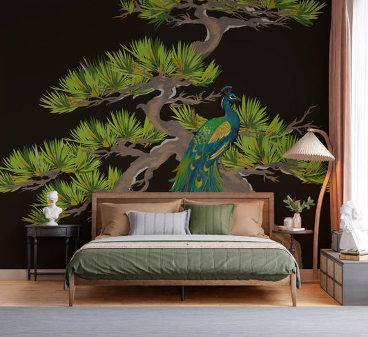 Bedroom showing emerald peacock and matsu pine wall mural