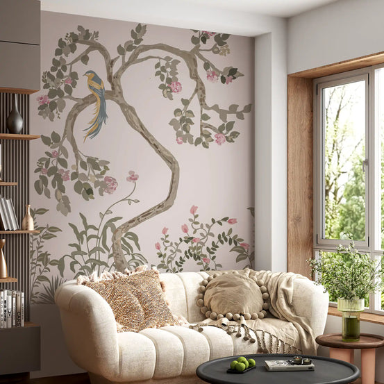 Chinoiserie garden wall mural rising the full height of a living room , blush ground