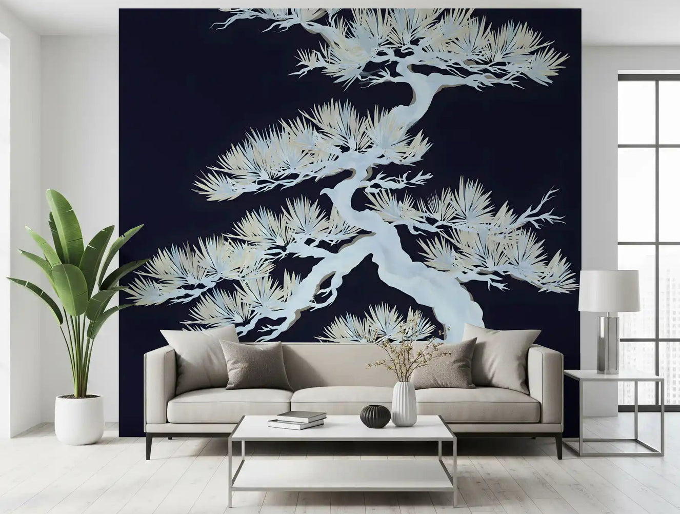 White Matsu Pine wall mural covering a living room accent on deep navy
