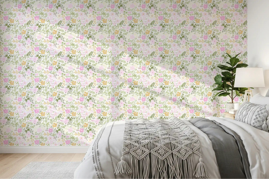 Dreamy Wildflower Meadow wall mural covering a bright open living room