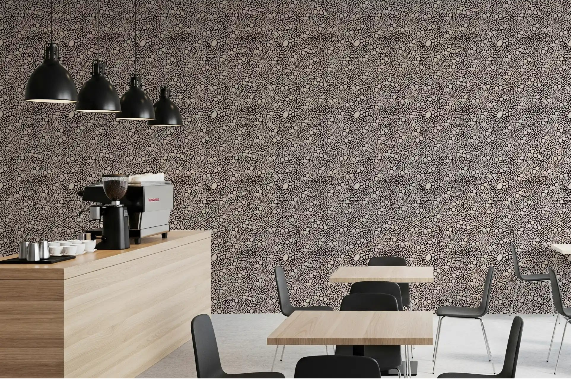 Pebble mosaic wallpaper lining the Cafe -dining area in deep espresso and cream tones