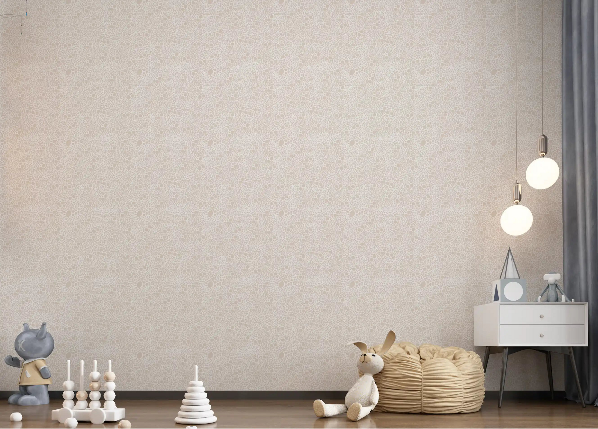 Nursery room featuring beige pebble dust abstract wallpaper