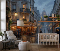 Sacré-Cœur dome glows above the rainy street of Parisian Rain wall mural.