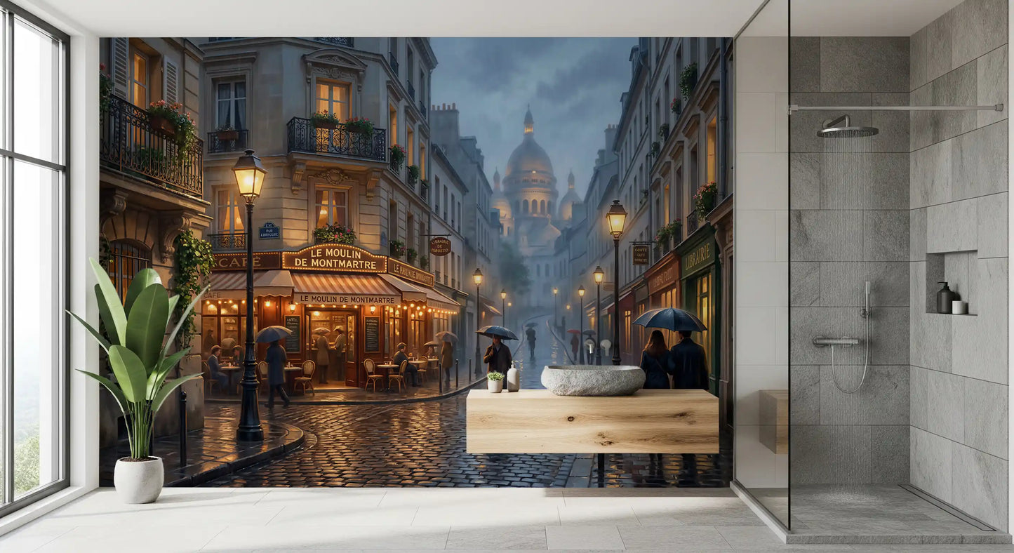 Paris twilight tones lift the bathroom  with Montmartre Glow wall mural.