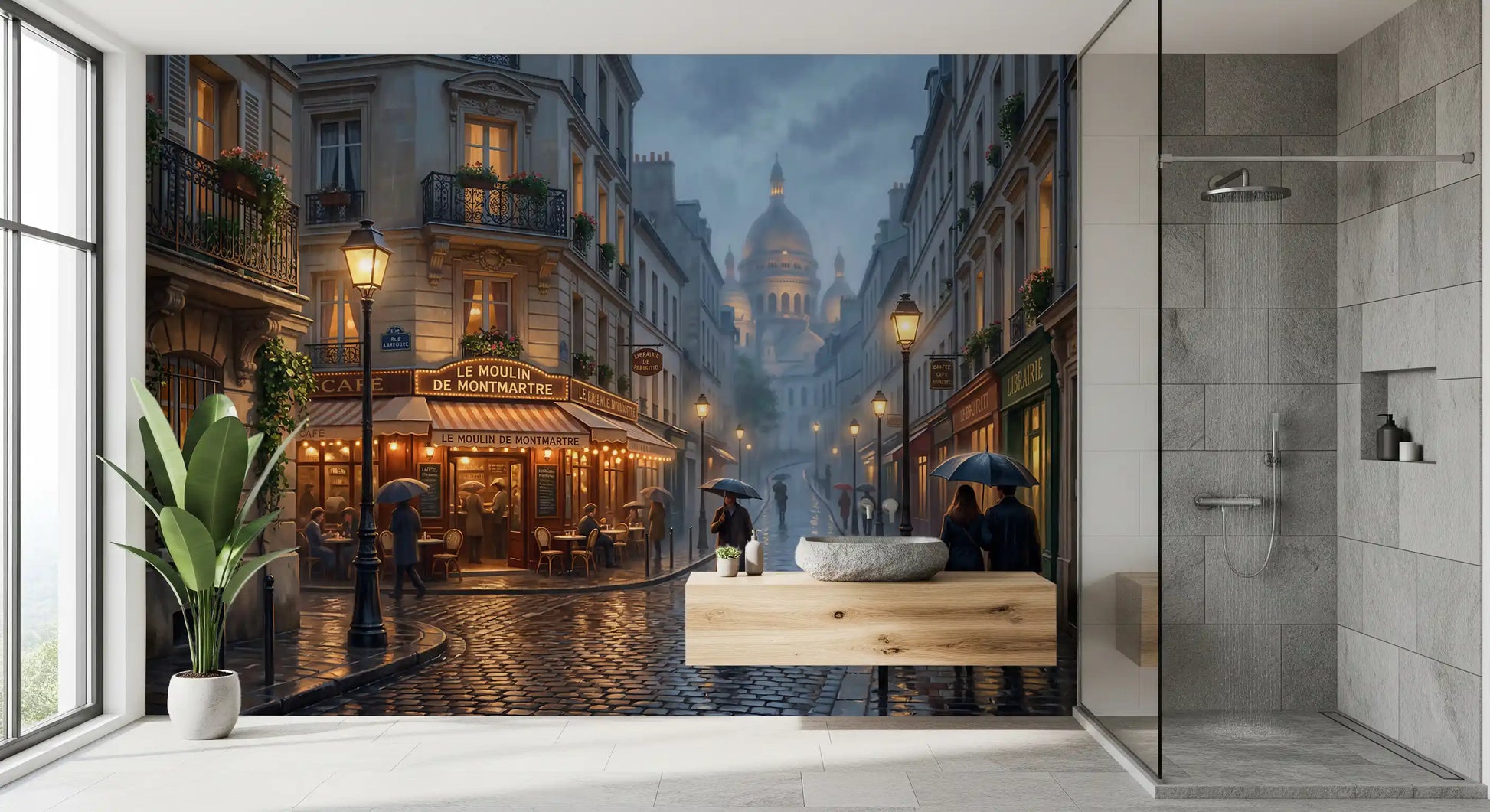Paris twilight tones lift the bathroom  with Montmartre Glow wall mural.
