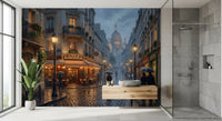 Paris twilight tones lift the bathroom  with Montmartre Glow wall mural.