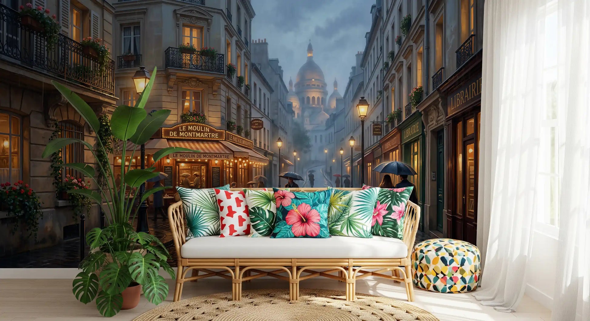 Cinematic Paris atmosphere falls over the lounge with this Montmartre wall mural.