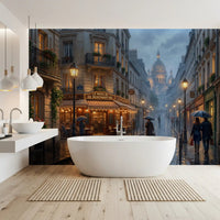 Cobblestone alley scenes line the bathroom with Parisian Rain wall mural.