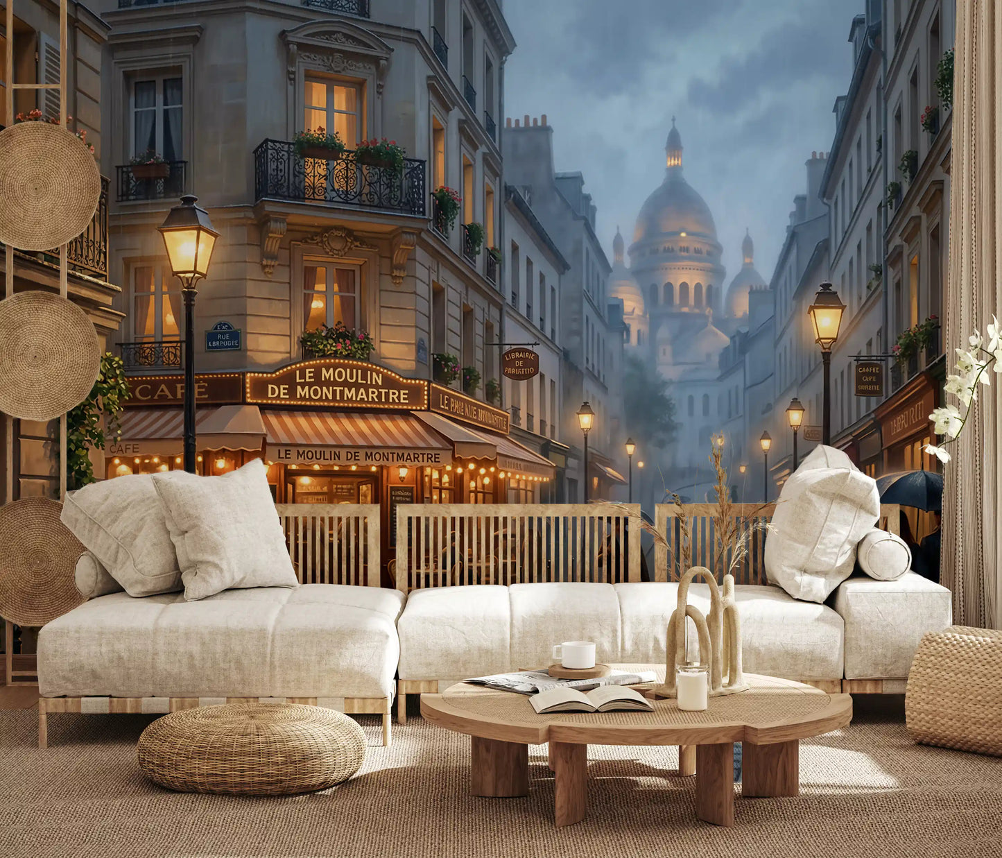 Iron balconies and red geraniums dress the facades on Parisian Rain wall mural.