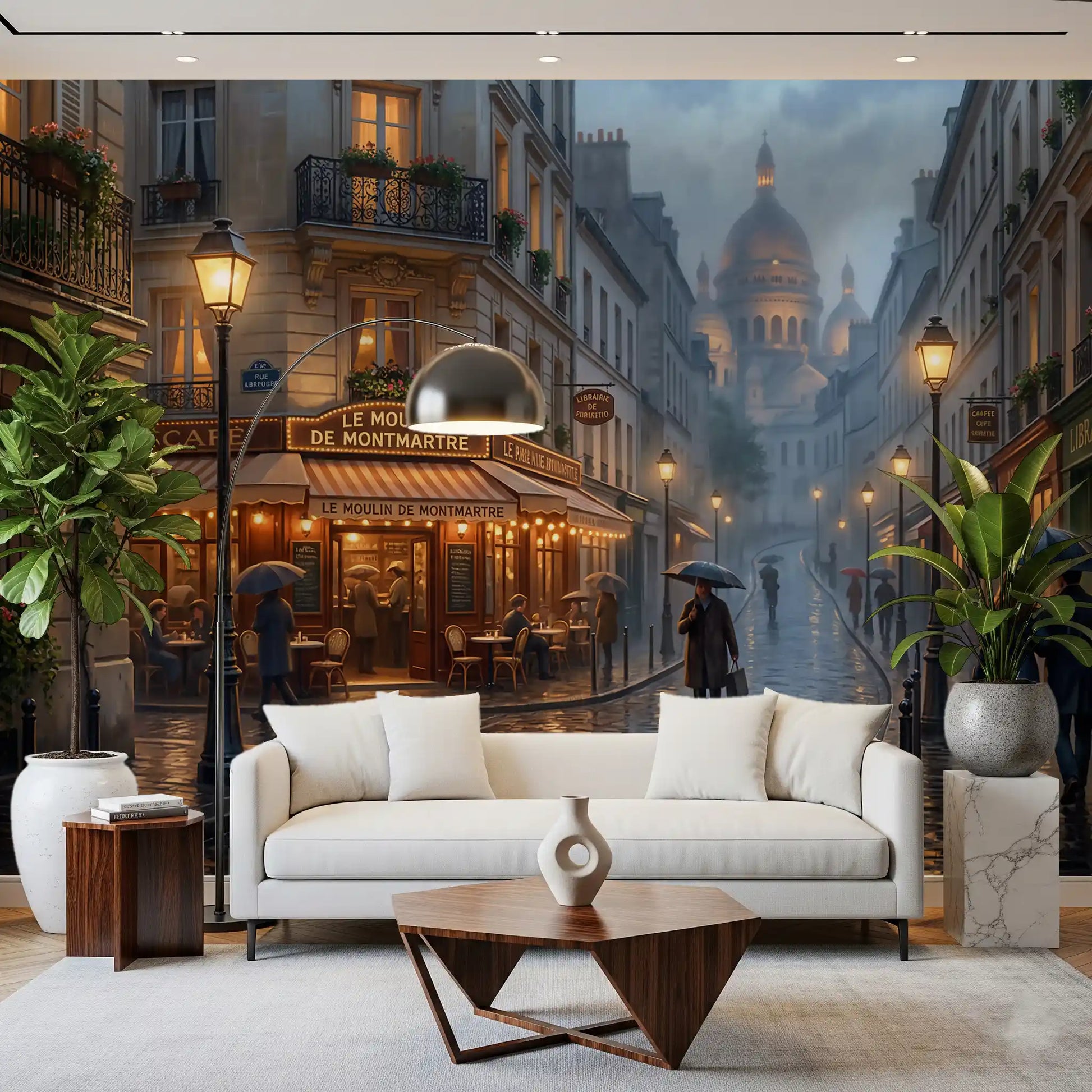 Wet cobblestones reflect the lamplight in Montmartre Glow wall mural.