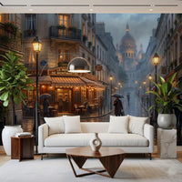 Wet cobblestones reflect the lamplight in Montmartre Glow wall mural.