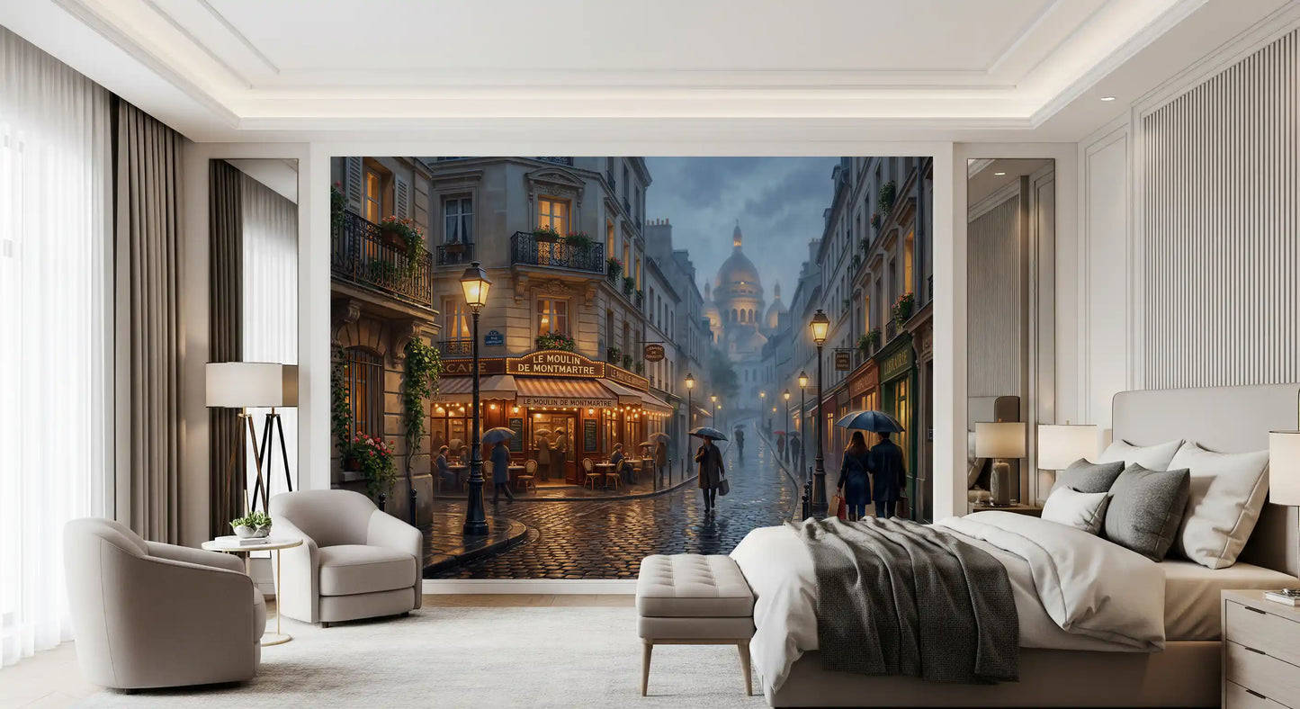 A misty Montmartre evening drapes the bedroom in Parisian Rain wall mural.