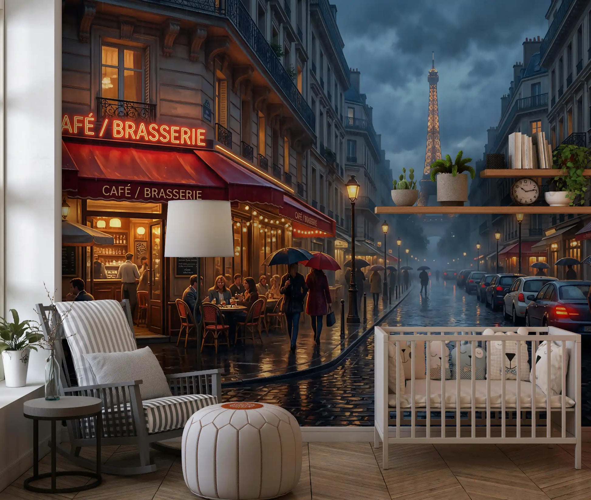 Painterly Paris wall mural with Eiffel Tower, umbrellas, and wet pavement